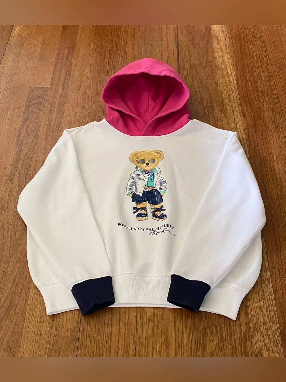Ralph Lauren Fleece Hoodie with Pink Hood & Navy Cuffs - Polo Bear Graphic